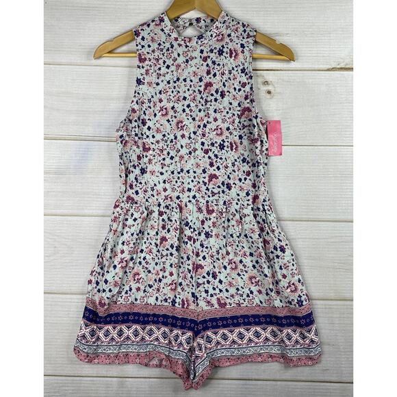 Xhilaration Romper Womens S Shorts Blue Floral Rayon High Neck Retro Boho NWT - Picture 1 of 13